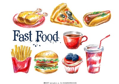 彩绘快餐食品矢量图,鸡腿 披萨 热狗 咖啡 汉堡包-图行天下图库